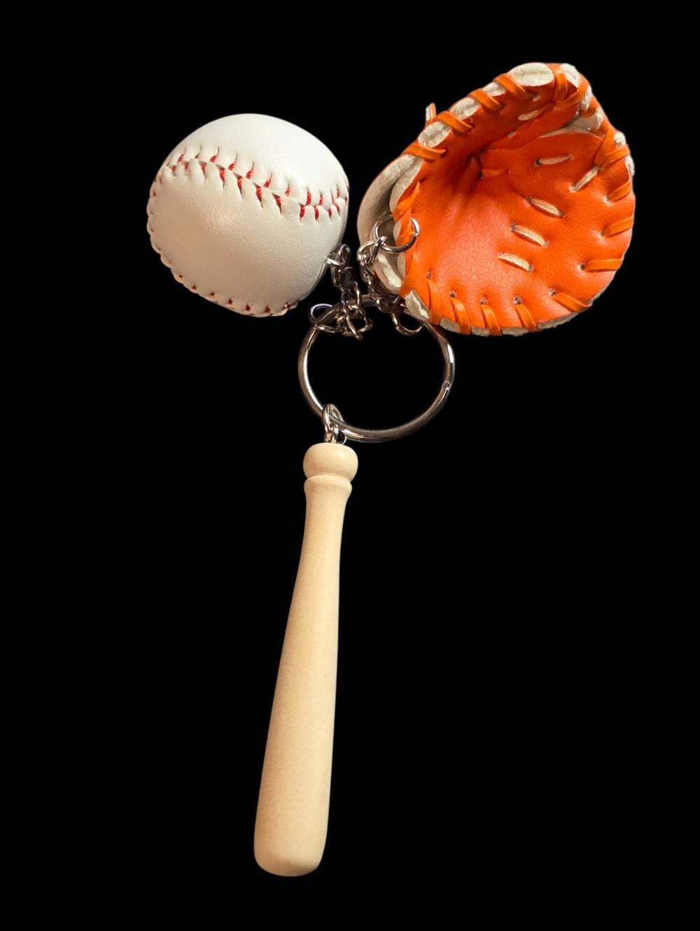 Baseball Bat & Mitt Bag Chsrm Keychain with Mini Baseball - Orange/White